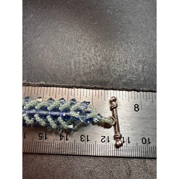 Vintage Blue & Green Crystal Beaded Chevron Braid Toggle Bracelet Y2K - Picture 2 of 15